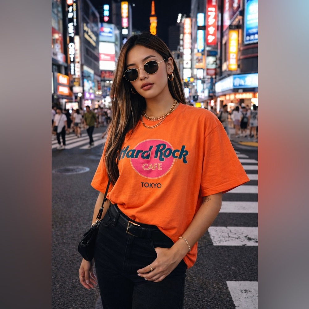 Vintage 90s Hard Rock Cafe Tokyo Orange Tee Womens Size Large Save The Planet